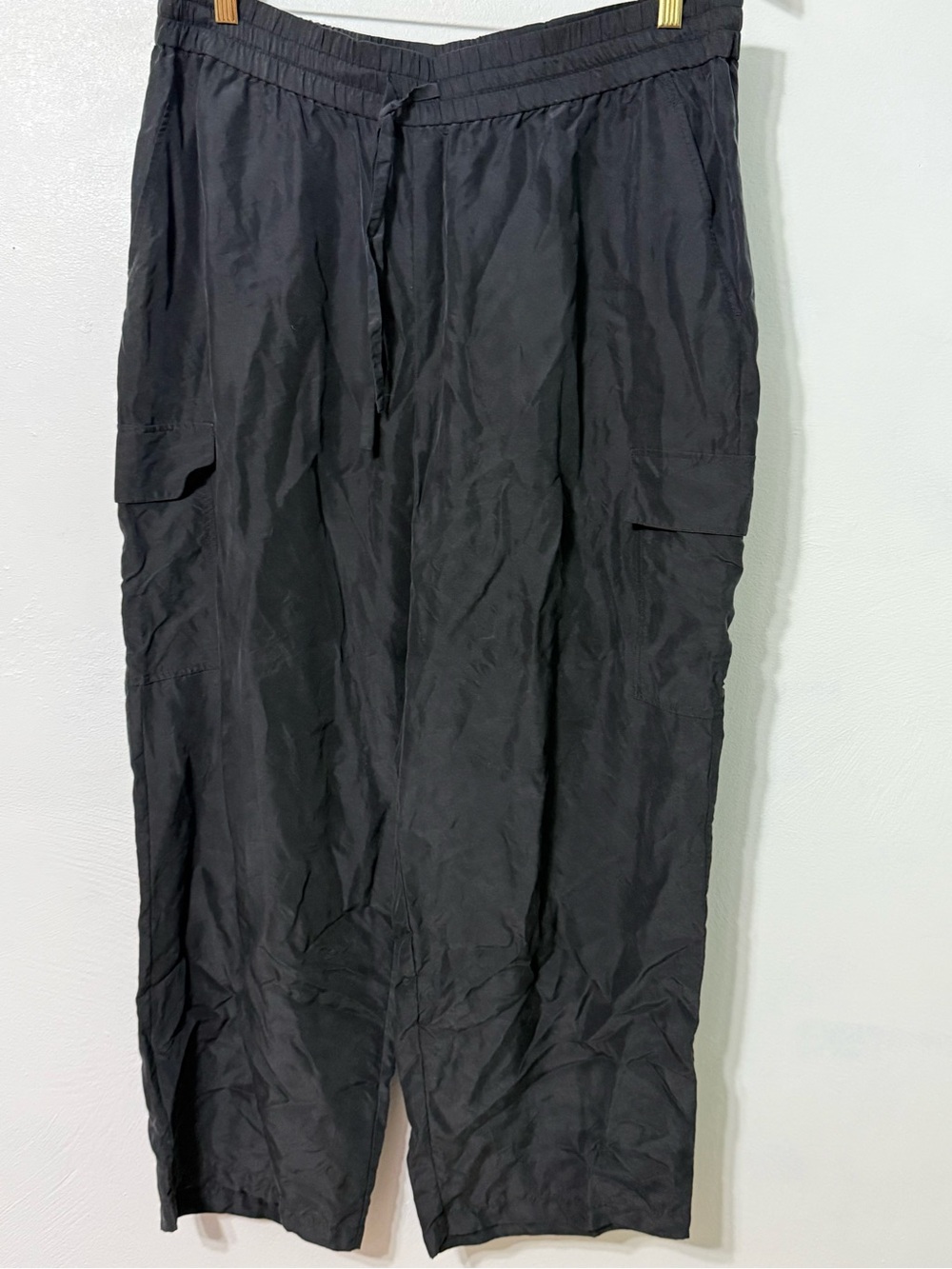 Eileen Fisher Black Wide-Leg Cargo Drawstring Pants Petite Large 100% Silk